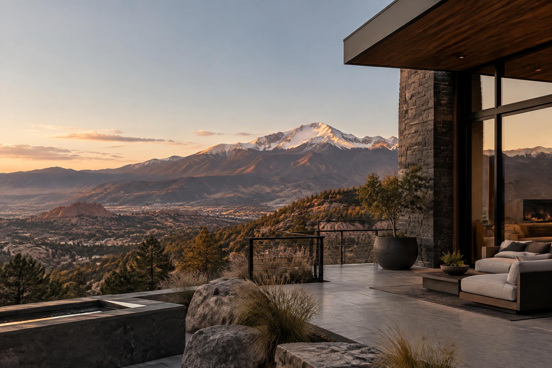 Modern stone architecture overlooking Pikes Peak and Colorado Springs